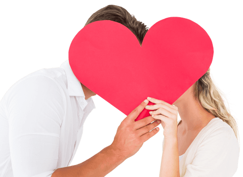 Couple Kissing Behind Heart-Shaped Card, Love Concept, Transparent Background