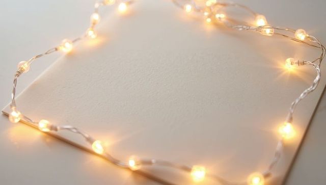 Glowing Warm-White LED Fairy Lights Framing Blank Cream Canvas for Holiday Greeting Mockup
