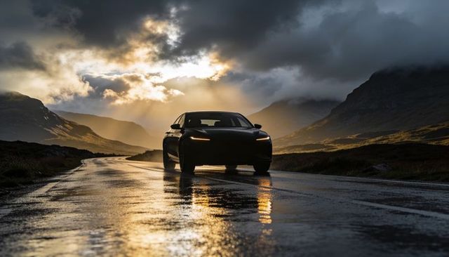 Luxury sedan silhouette on wet mountain road at dramatic sunset with headlight reflections