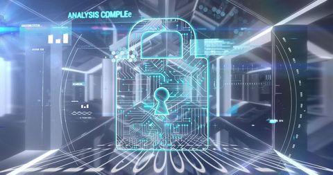 Futuristic digital network security interface with padlock hologram