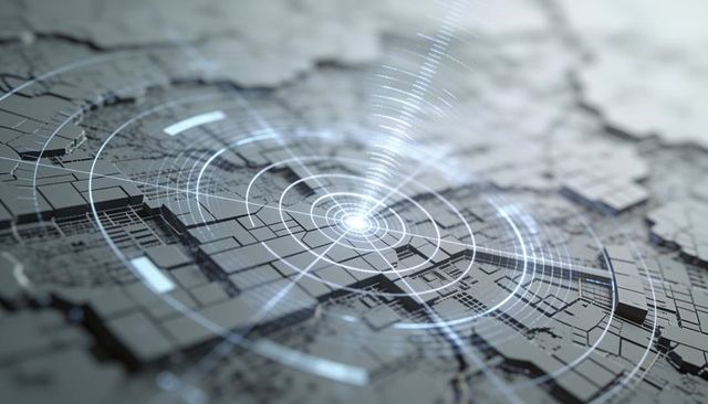 Futuristic hud holographic target over 3d urban grid with radiating neon rings and beam