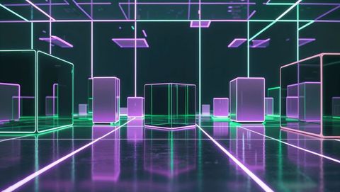 Glowing neon grid room with translucent cubes and futuristic design