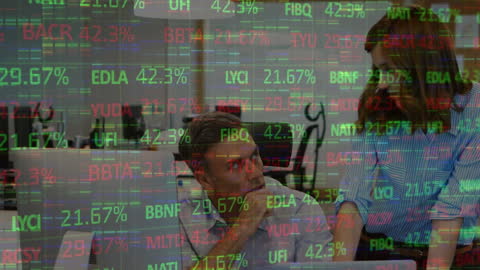Coworkers Analyzing Stock Market Data Overlay
