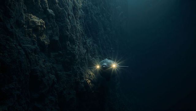 Deep trench submersible navigating cliffside abyss with forward spotlights