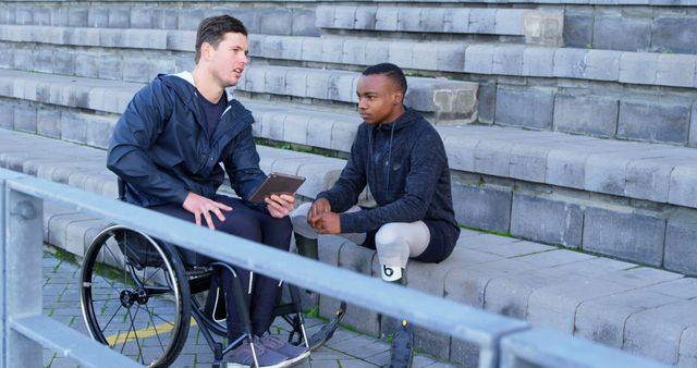 Man in Wheelchair Coaching Paralympic Athlete in Stadium - Download Free Stock Images Pikwizard.com