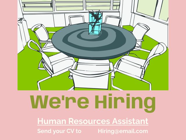 This template displays a job vacancy announcement featuring an inviting office meeting room setup. Perfect for businesses and companies seeking to recruit new employees, particularly in human resources. Utilize this visual to attract candidates and direct them to send their CVs via email. Suitable for job posting on social media, company websites, and job advertisement platforms.