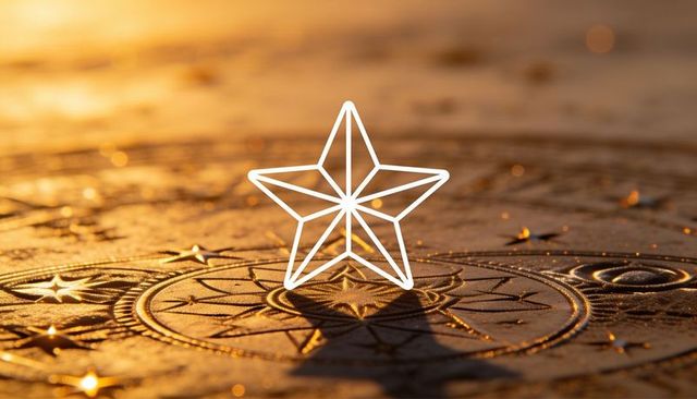 Glowing outlined five-point star casting shadow over engraved mandala at golden hour