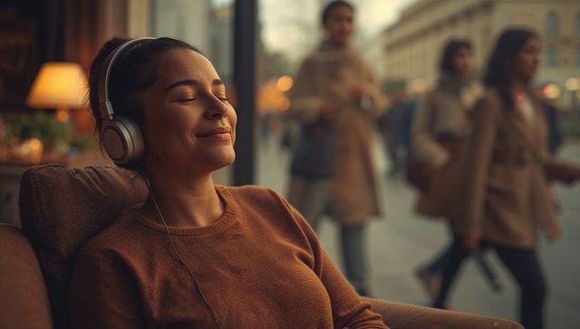 Woman relaxing with headphones in cozy cafe armchair, warm lamplight, urban street bokeh