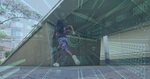 Woman running up ramp with futuristic ar interface overlay