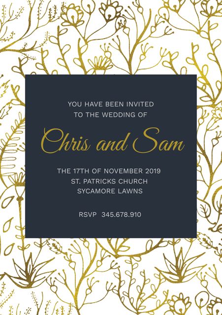 This elegant wedding invitation template features a gold floral design against a black background, suitable for weddings and formal events. The modern, classy look with carefully styled text indicates a prominent ceremony. This template can be used for printing high-quality invitations or sending electronically for a sophisticated touch.