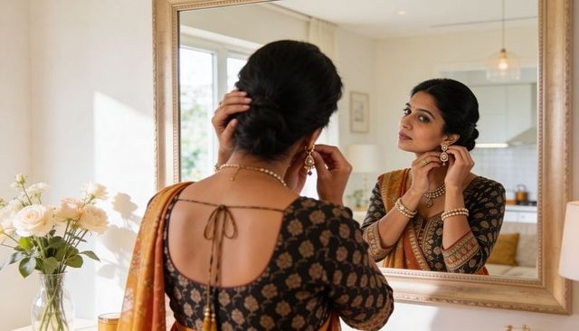 Indian woman fastening earrings in mirror wearing silk sari and traditional gold jewelry