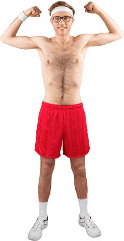 Cheerful Fit Young Man Flexing Muscles Transparent Background