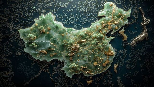 Luxurious gold-embellished jade map of china on navy background