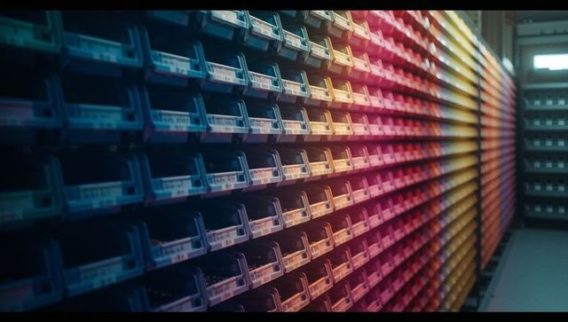 Colorful Plastics Bins on Industrial Metal Shelves in Warehouse