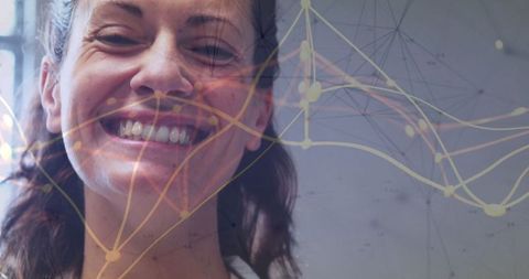 Smiling Woman in Office with Futuristic Network Overlay