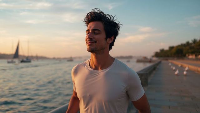 Young man enjoying sunset on waterfront promenade wearing fitted t-shirt, sailboats nearby