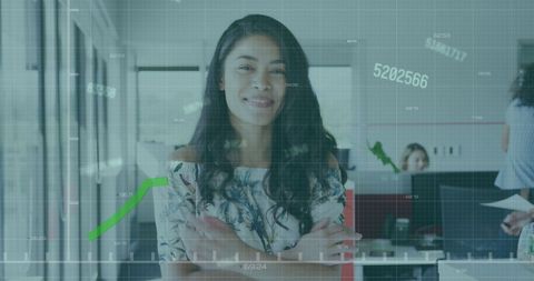 smiling businesswoman in modern office with digital interface overlay - Download Free Stock Images Pikwizard.com