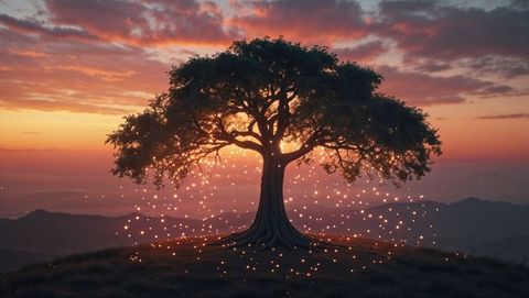 Mystical dreaming tree with glowing sparkles at twilight on hilltop