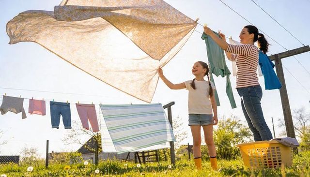 Mother and daughter hanging laundry on sunny backyard clothesline smiling and bonding