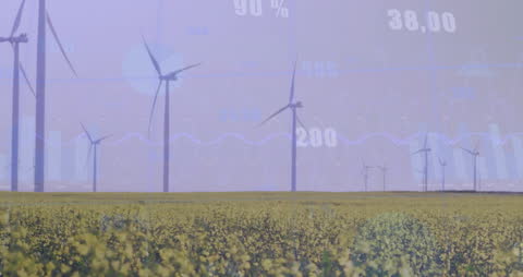 Wind Turbines Overlaid with Financial Data Analytics Visualization