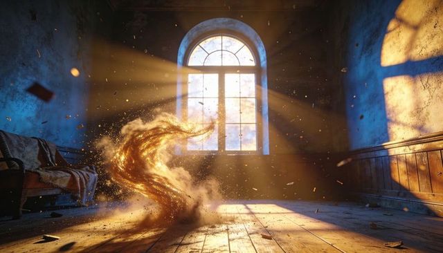 Glowing golden dust vortex rising in sunlit abandoned parlor with arched window light