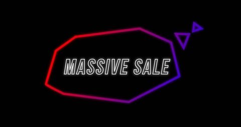 Retro 80s massive sale neon advertisement on black background