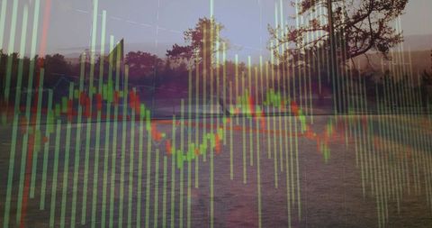 Abstract Financial Chart Overlay on Tranquil Morning Landscape