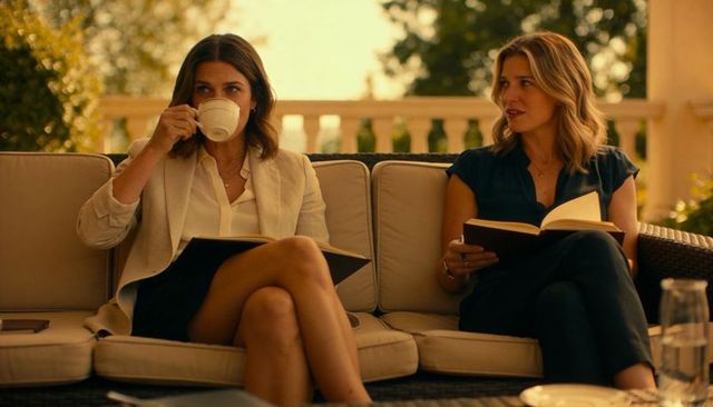 Two women sipping tea and reading on sunlit terrace sofa during golden hour conversation
