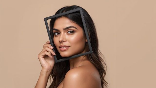 Elegant woman framing her face with square frame, modern minimalist style