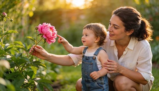 Mother guiding toddler touching pink peony in sunlit backyard garden, tender bonding moment
