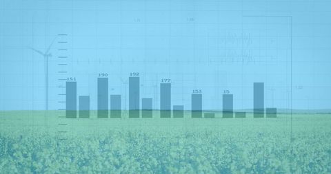 Financial Data Overlay on Wind Farm and Countryside Landscape