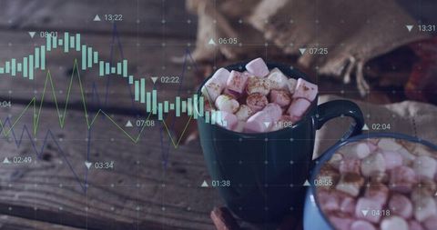 Cozy hot cocoa with marshmallows and candlestick charts blending comfort and finance