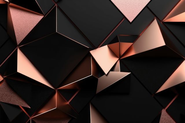 This image showcases an intricate pattern of abstract geometric shapes in black and rose gold tones with a metallic texture. Ideal for use in contemporary graphic design projects, luxury branding, sophisticated presentations, or as a stylish and modern background for digital and print media.