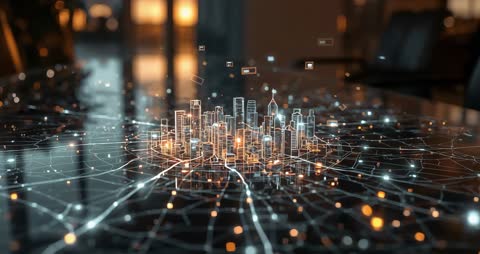 Futuristic City Model with Digital Network Grid and Data Flow