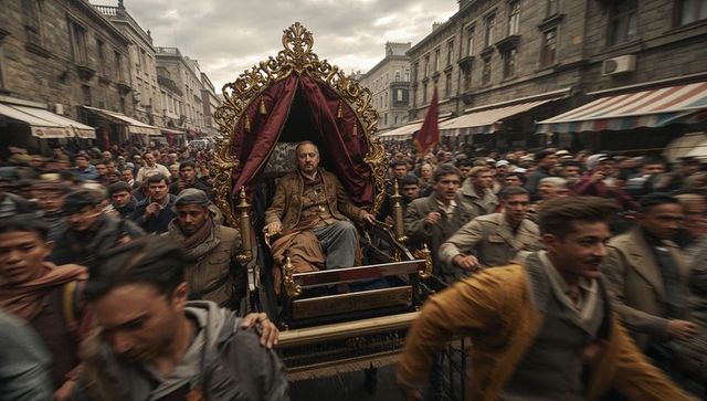 Parading senior statesman riding gilded carriage through crowded historic city street