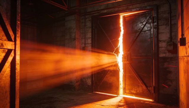Industrial warehouse doors emitting molten orange light and sparks, cinematic beam