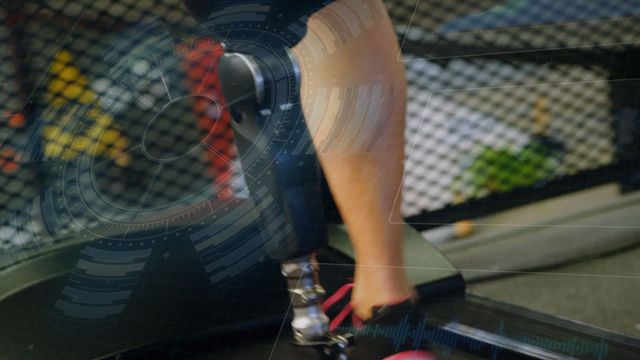 Caucasian woman with prosthetic leg exercising on treadmill with data overlay representing advanced technology in fitness and rehabilitation. Ideal for content focusing on disability empowerment, fitness innovation, advanced technology, and rehabilitation programs.