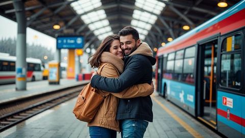 Couple embracing on train platform in winter