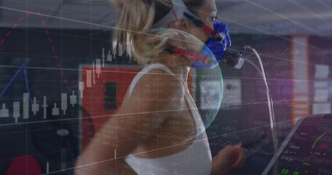 Woman on Treadmill with Metabolic Mask and Performance Data Overlay