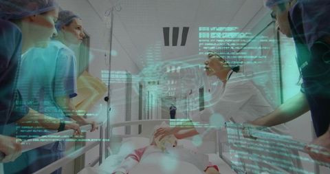 Wheeling critical patient through hospital corridor with ar holograms and emergency team