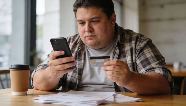 Man reviewing bills making mobile payment with credit card at cafe table