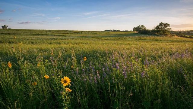 Swaying wildflowers catching golden light on prairie at sunset, yellow daisies and lupine