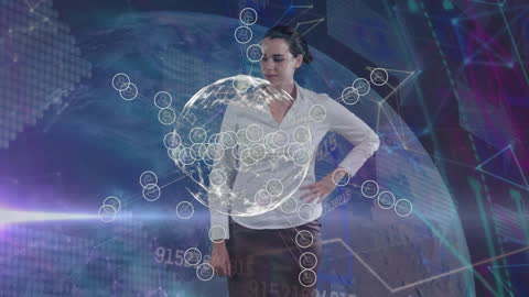 Woman Analyzing Global Data Visualizations with Digital Interface