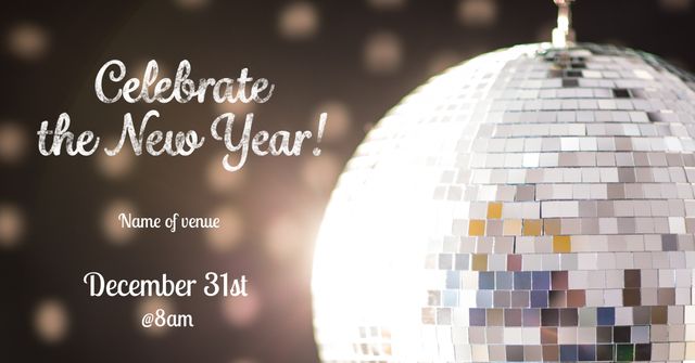 Invitation to a festive event, a sparkling disco ball sets the mood for a New Year's celebration. Ideal for party announcements or as a backdrop for holiday sale promotions.