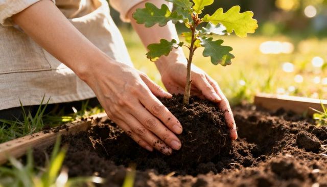 Hands Planting Oak Sapling in Backyard Garden Bed During Golden Hour