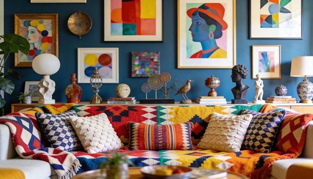 Colorful sofa displaying geometric woven throw with patterned cushions, eclectic living room