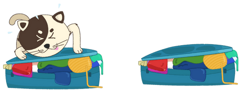 Playful cartoon kitten peeking from packed teal travel suitcase