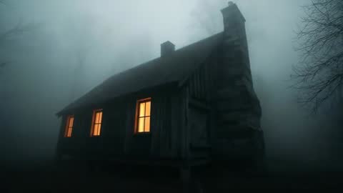 Foggy Forest Cabin with Illuminated Windows in Remote Woods