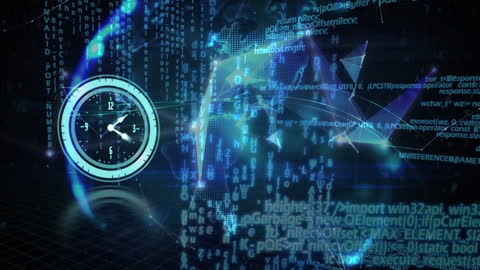 Digital Clock and Data Stream Symbolizing Technology and Global Connectivity