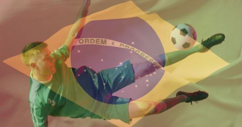 Dynamic Soccer Player with Brazilian Flag Overlay